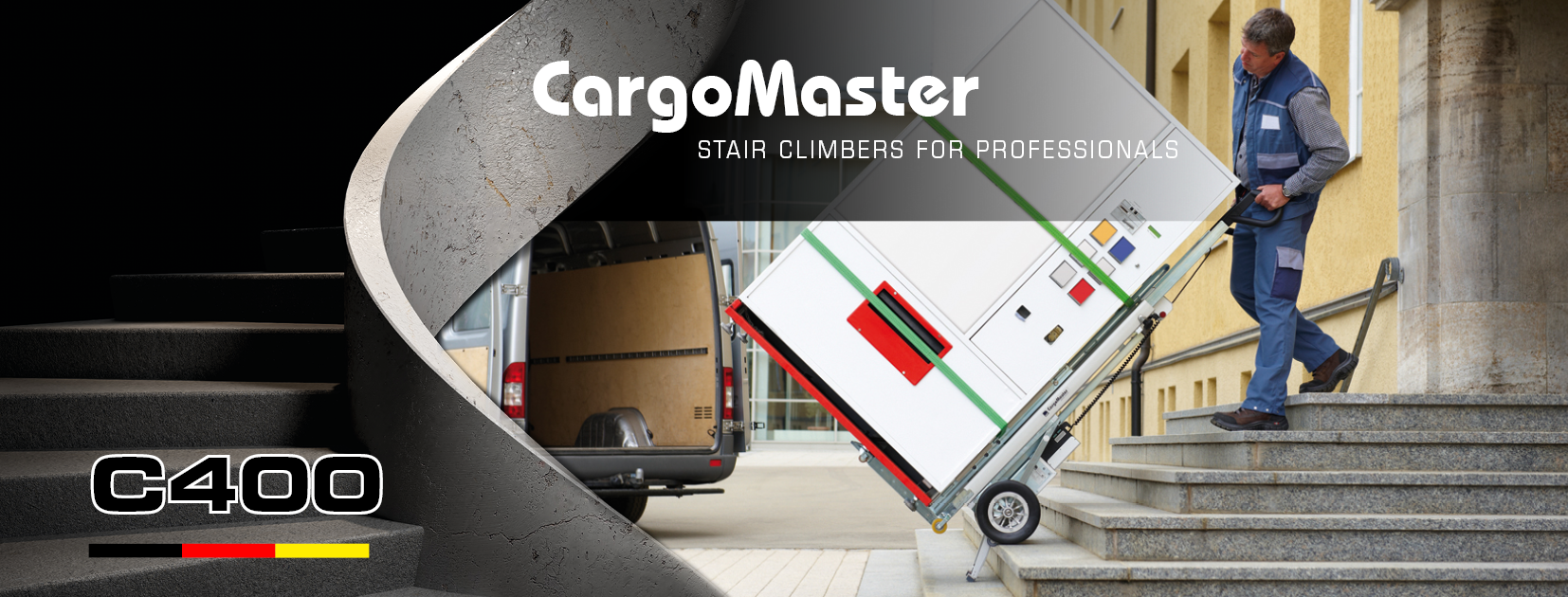 The picture shows a man using a CargoMaster electric stair climber to transport a drinks dispenser up steps. A staircase and the product name C400 can be read on the left.