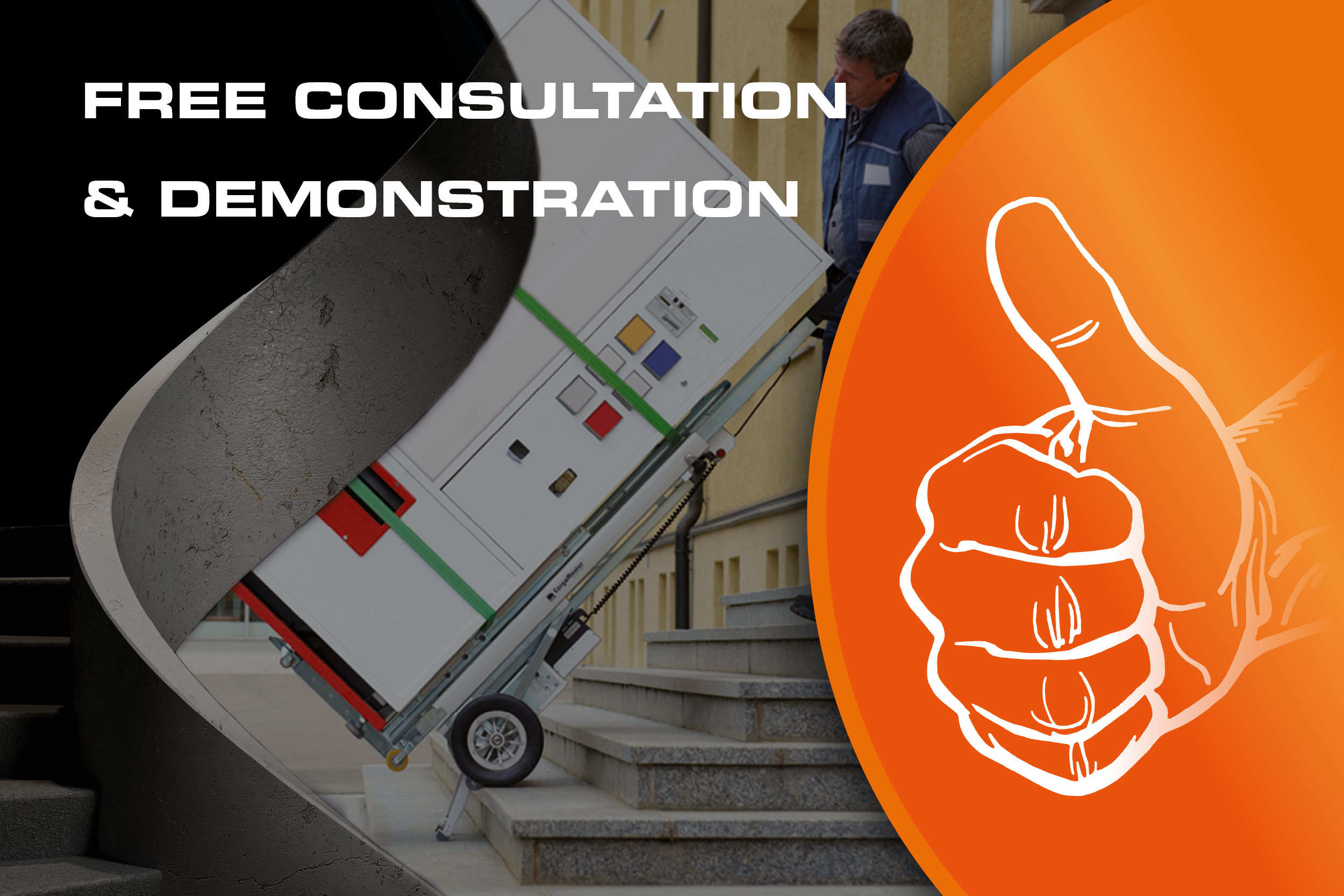 The photo shows a man transporting various heavy materials up a flight of stairs with a C400 stairbag truck. The photo is labeled “Advice & free demonstration.” There is also a drawing of a hand extending its thumb upward.