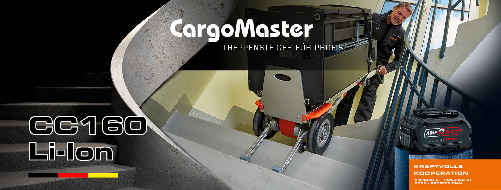 Das Bild zeigt einen Mann, der mit Hilfe eines elektrischen Lastentreppensteigers CargoMaster, eine schwere Last über eine Treppe befördert. Links ist eine Treppe angedeutet sowie der Produktname CC160 Li-Ion ist zu lesen. Im rechten Teil des Bildes befindet sich ein Bild eines Akkus mit dem Text "Kraftvolle Kooperation - AMPShare - Powered by BOSCH Professional.