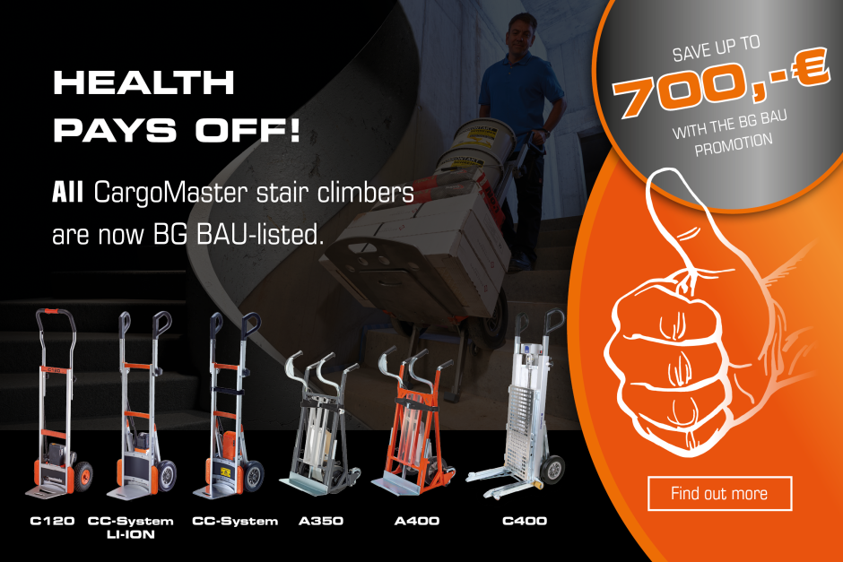 All CargoMaster stair climbers now BG BAU-listed - secure up to €700 subsidy for ergonomic stair transport.