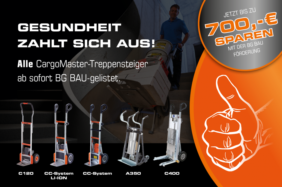 Alle CargoMaster-Treppensteiger jetzt BG BAU-gelistet – bis zu 700 € Förderung für ergonomischen Treppentransport sichern.