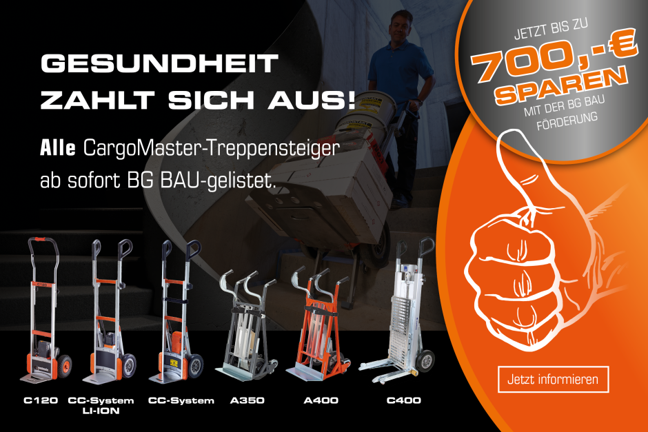 Alle CargoMaster-Treppensteiger jetzt BG BAU-gelistet – bis zu 700 € Förderung für ergonomischen Treppentransport sichern.