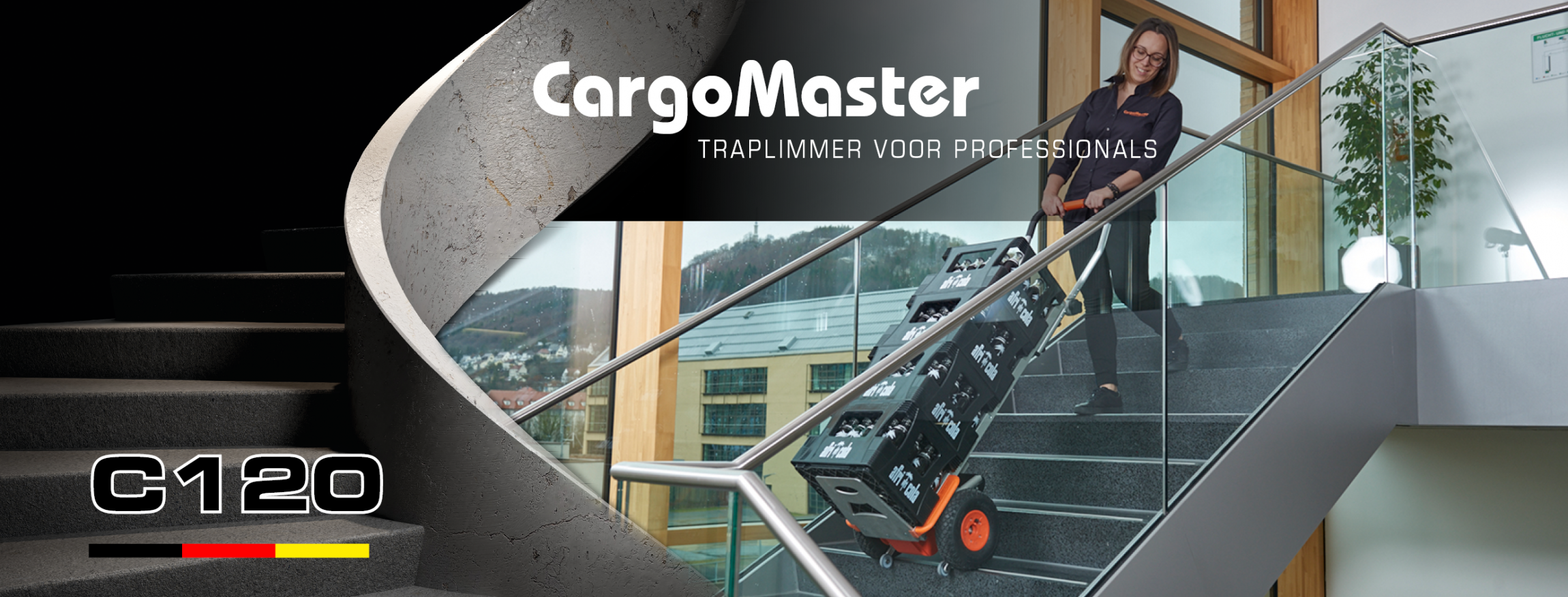 De foto toont een vrouw die een elektrische CargoMaster trapklimmer gebruikt om 4 kratten met drank een trap op te transporteren. Links is een trap aangegeven en de productnaam C120 is te lezen. In het midden is ook de CargoMaster trapklimmer voor Pofis te zien.